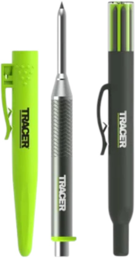 Felgroene houder, metalen pen met Tracer logo en donkergrijze markeerstift.