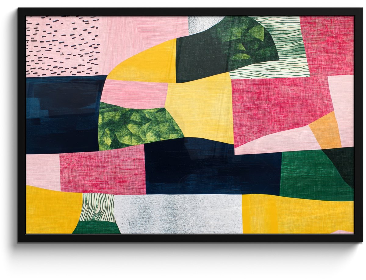 FrameYourWall Poster in lijst - Fotolijst 90x60 cm - Posters - Abstract - Roze - Lappen - Vormen - Geel - Posterlijst zwart - Decoratie - Wanddecoratie woonkamer - Muurdecoratie slaapkamer