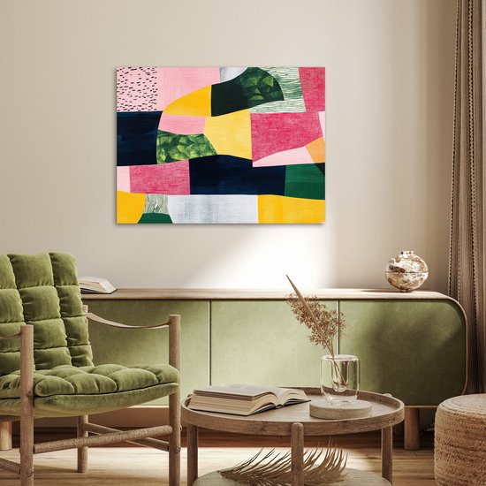 Poster 80x60 cm - Abstract - Roze - Lappen - Vormen - Geel - Posters - Kamer decoratie - Wanddecoratie woonkamer - Muurdecoratie slaapkamer