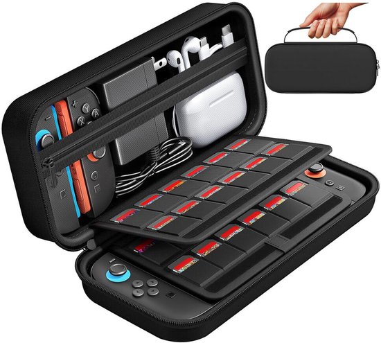 Foto: Hoesje geschikt voor nintendo switch 2 beschermhoes game card organizer travel case extra opbergruimte 24 gamecards sd kaarten oplader joy cons waterbestendig opberghoes zwart