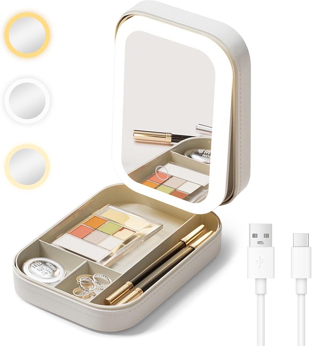 Ynkkvre - 8 Inch Make-up Spiegel met Verlichting - Cosmeticaspiegel met 3 Kleuren Dimbaar - USB Oplaadbaar - 90° Draaibaar - LED Tafelspiegel voor Slaapkamer, Kaptafel en Badkamer - Wit