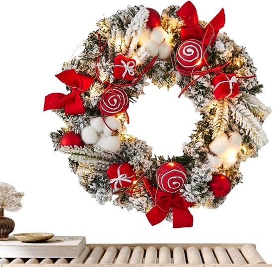Besneeuwde krans met sneeuwvlokken, krans op batterijen, verlichte kerstkrans, kerstkrans voor aan de deur, kerstkransdecoratie, krans voor aan de voordeur, kerstkransverlichting, besneeuwde kerstkrans ter decoratie (ROOD)