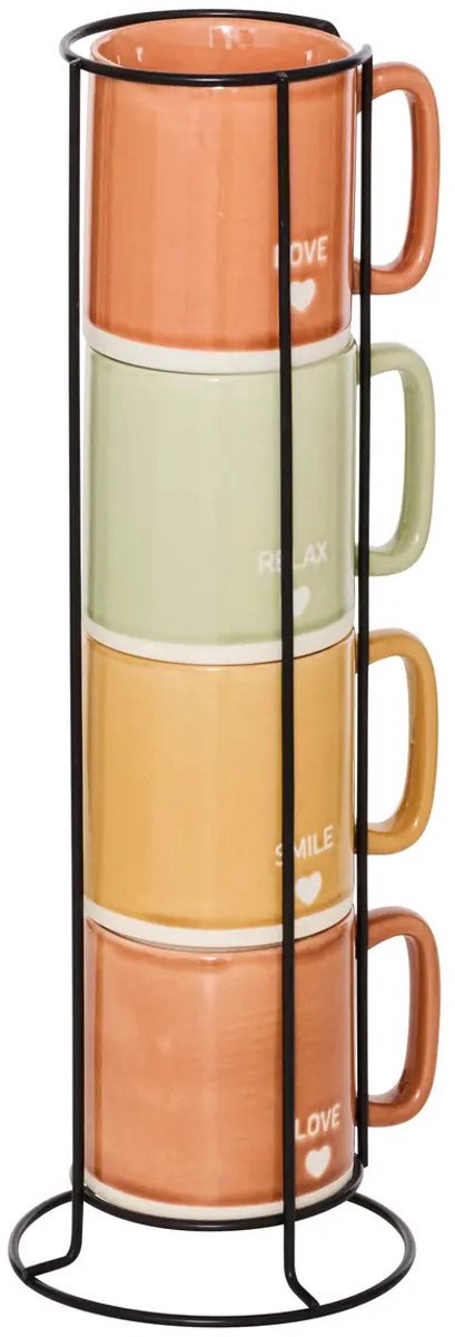 Secret de Gourmet Keramische Mok Set met Rek - 4 Mokken, 340 mL, Terracotta Bruin