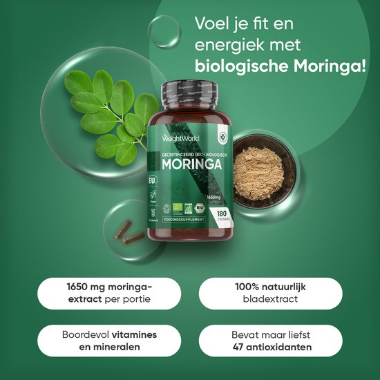 WeightWorld Biologische Moringa capsules - 1650 mg - 180 capsules - Rijk aan vitamines, mineralen en antioxidanten