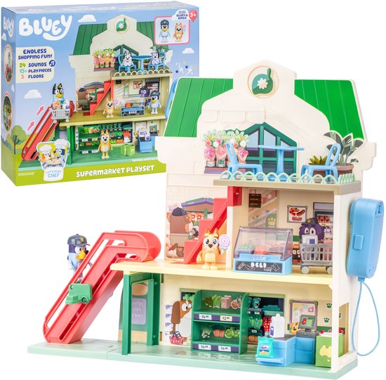 Ensemble de jeu Bluey Supermarché en boîte avec jouets, figurines, escalier, ascenseur et téléphone.