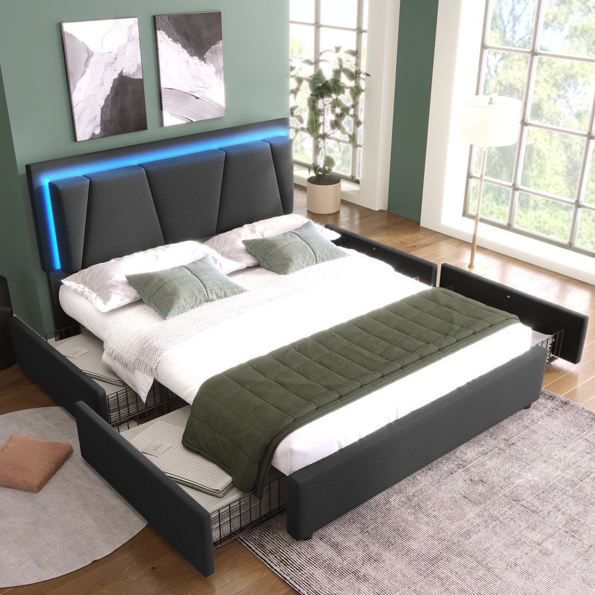 Polsterbed - 140x200 cm - LED-verlichting - 4 laden - verstelbaar hoofdsteun - houten lattenbodem - grijs (zonder matras)