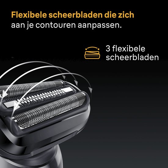 Close-up van de scheerkoppen van het Braun scheerapparaat met de tekst "3 flexibele scheerbladen".