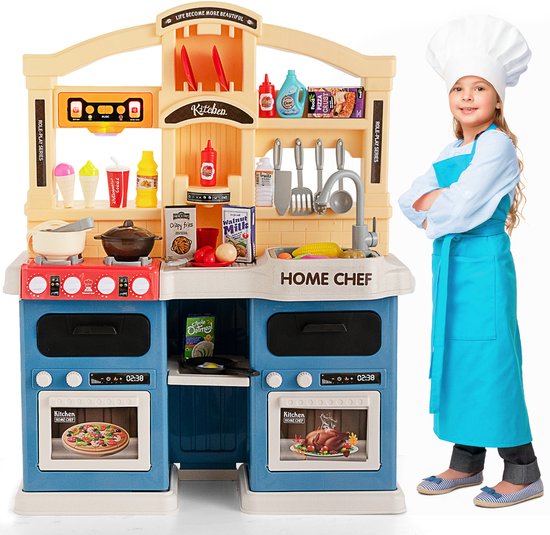 COSTWAY Kinderkeuken met verlichting, stoom & muziek en geluid, speelkeuken incl. accessoires, kinderspeelkeuken met waterpomp en spoelbak, speelgoedkeuken voor kinderen vanaf 3 jaar