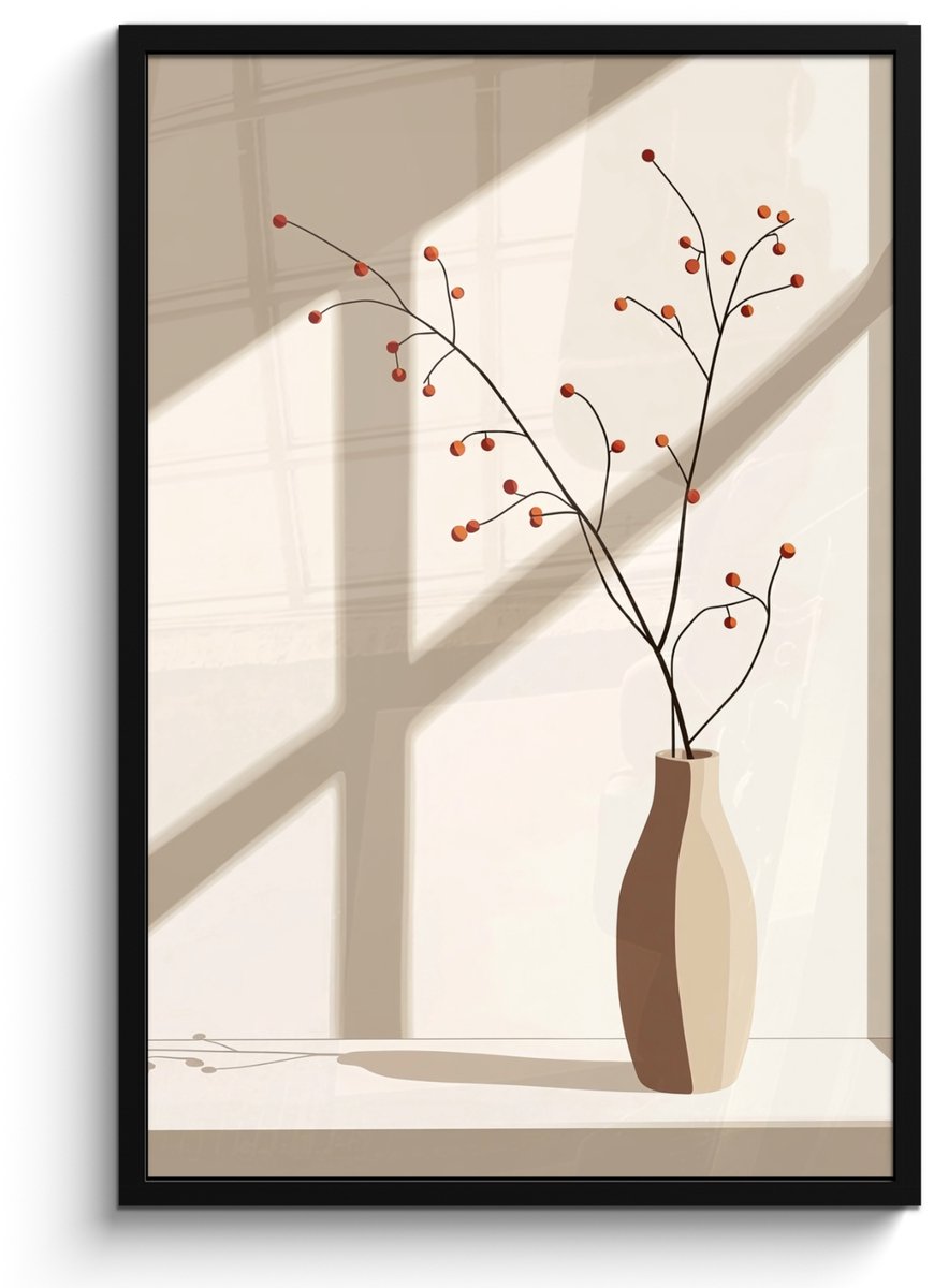 FrameYourWall Poster in lijst - Fotolijst 60x90 cm - Posters - Vaas - Takken - Bessen - Minimalistisch - Posterlijst zwart - Decoratie - Wanddecoratie woonkamer - Muurdecoratie slaapkamer