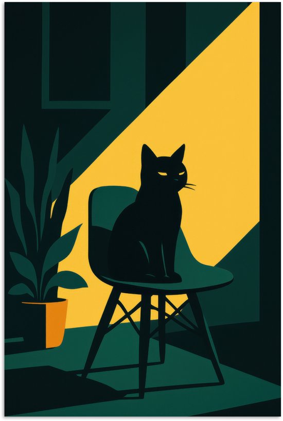 Poster 80x120 cm - Zwarte kat - Mysterieus - Gele instraal - Posters - Kamer decoratie - Wanddecoratie woonkamer - Muurdecoratie slaapkamer