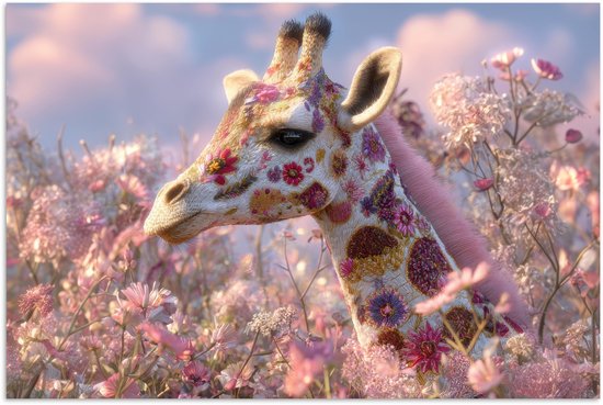 Poster 90x60 cm - Giraffe - Bloemen - Roze - Posters - Kamer decoratie - Wanddecoratie woonkamer - Muurdecoratie slaapkamer