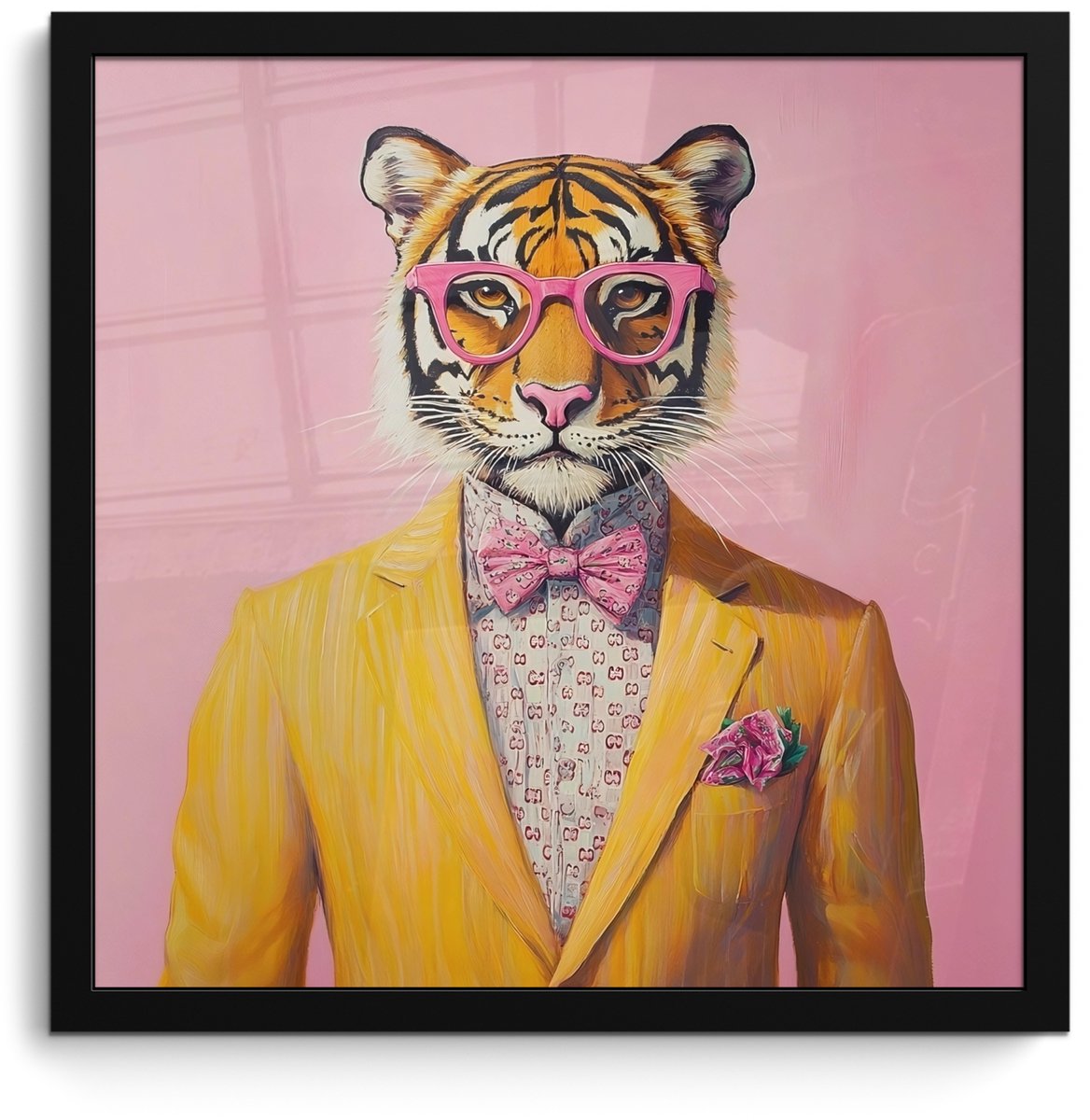 FrameYourWall Poster in lijst - Fotolijst 40x40 cm - Posters - Tijger - Bril - Geel - Jasje - Posterlijst zwart - Decoratie - Wanddecoratie woonkamer - Muurdecoratie slaapkamer