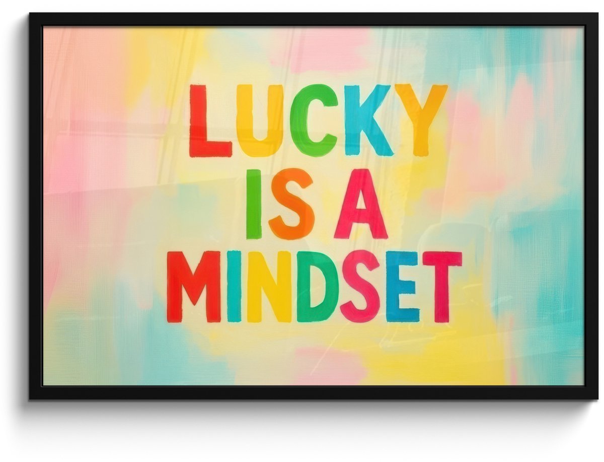 FrameYourWall Poster in lijst - Fotolijst 90x60 cm - Posters - Quote - Lucky - Regenboogkleuren - Posterlijst zwart - Decoratie - Wanddecoratie woonkamer - Muurdecoratie slaapkamer Quote - Lucky - Kleurrijk