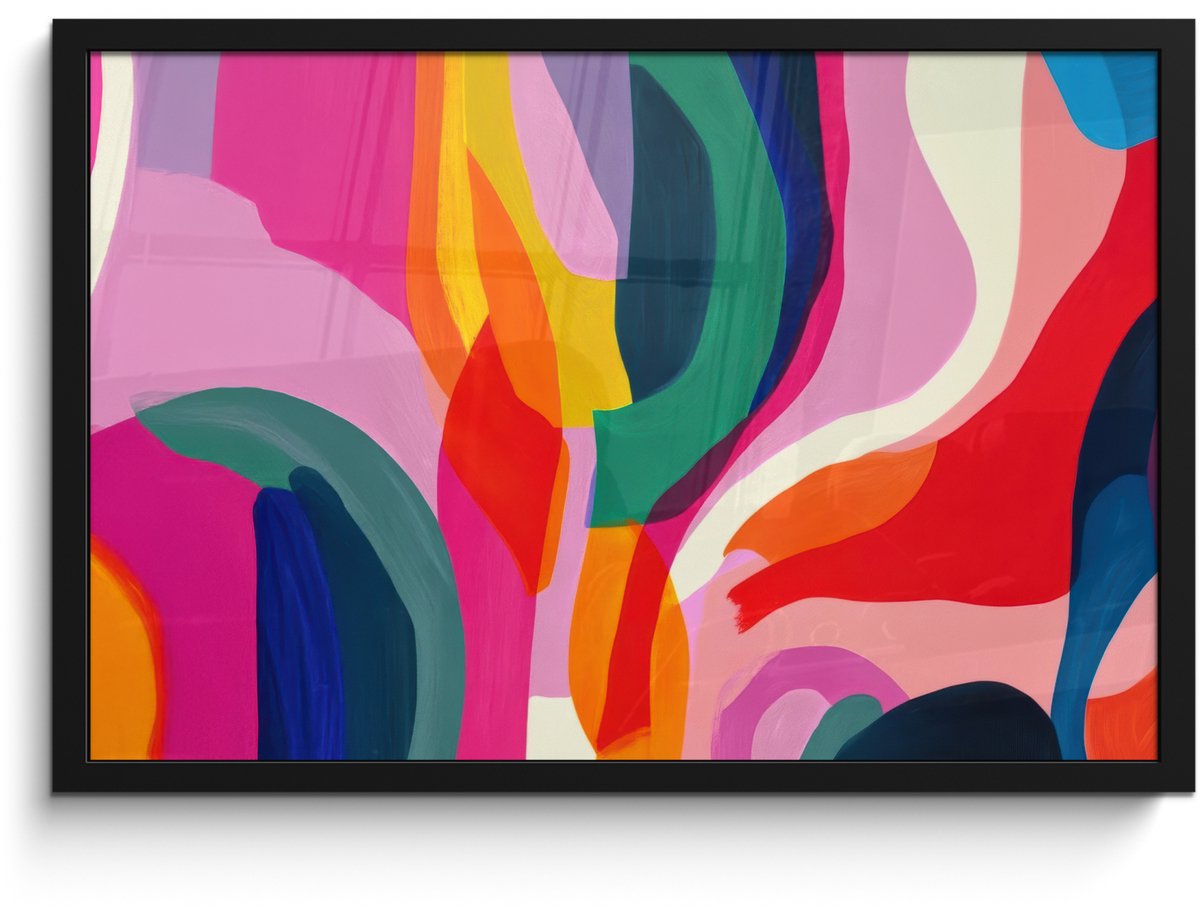 FrameYourWall Poster in lijst - Fotolijst 60x40 cm - Posters - Vormen - Golvend - Abstract - Felroze - Posterlijst zwart - Decoratie - Wanddecoratie woonkamer - Muurdecoratie slaapkamer