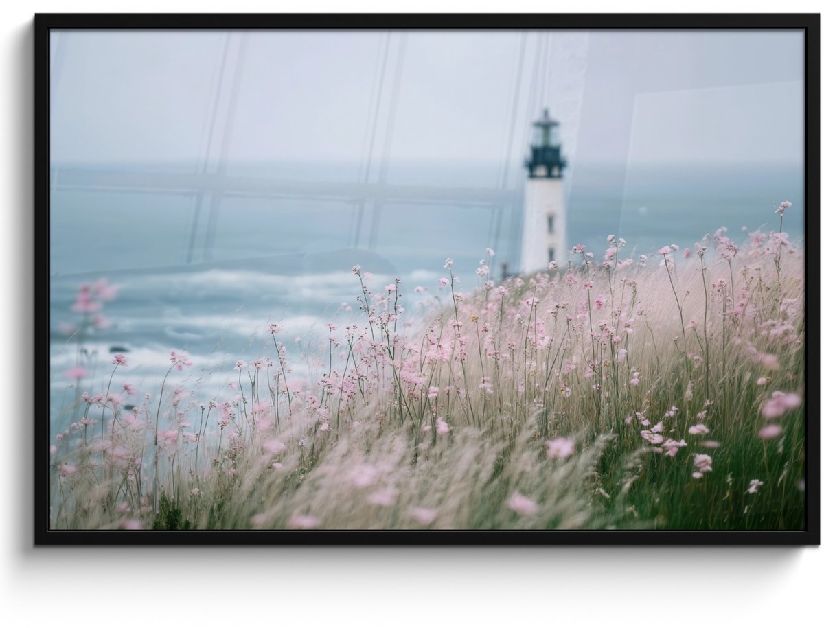 FrameYourWall Poster in lijst - Fotolijst 120x80 cm - Posters - Vuurtoren - Klif - Zee - Bloemen - Posterlijst zwart - Decoratie - Wanddecoratie woonkamer - Muurdecoratie slaapkamer