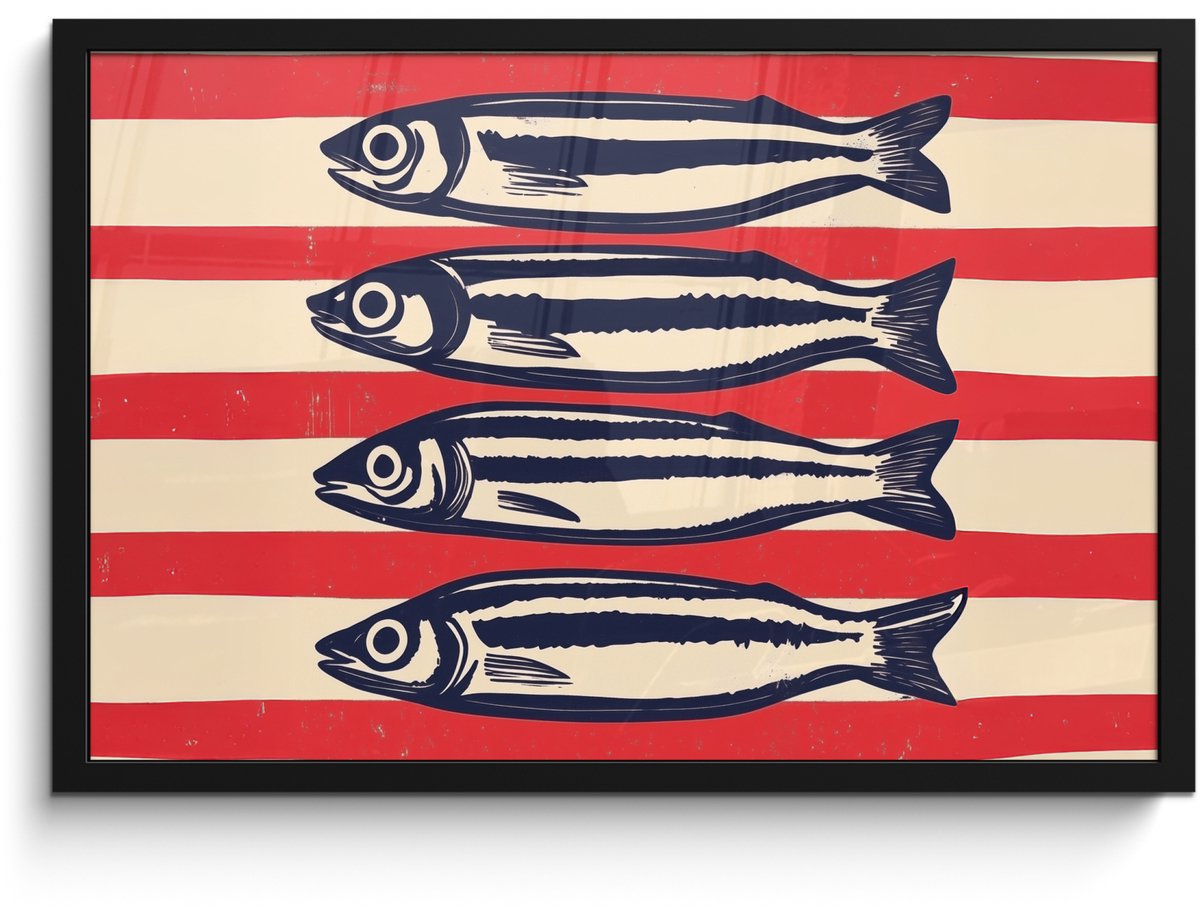 FrameYourWall Poster in lijst - Fotolijst 60x40 cm - Posters - Sardines - Rood en beige strepen - Posterlijst zwart - Decoratie - Wanddecoratie woonkamer - Muurdecoratie slaapkamer Sardines - Strepen