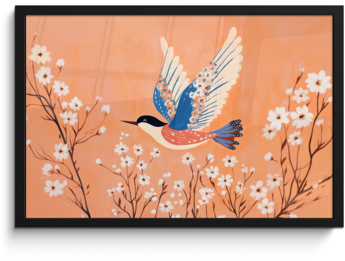 FrameYourWall Poster in lijst - Fotolijst 60x40 cm - Posters - Vogel - Bloesemtakken - Warm - Kleurrijk - Posterlijst zwart - Decoratie - Wanddecoratie woonkamer - Muurdecoratie slaapkamer