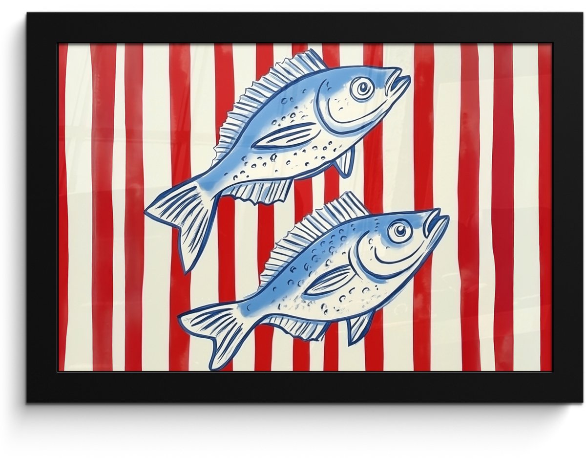 FrameYourWall Poster in lijst - Fotolijst 30x20 cm - Posters - Vissen - Verticale strepen - Blauw - Rood - Posterlijst zwart - Decoratie - Wanddecoratie woonkamer - Muurdecoratie slaapkamer Vissen - Strepen