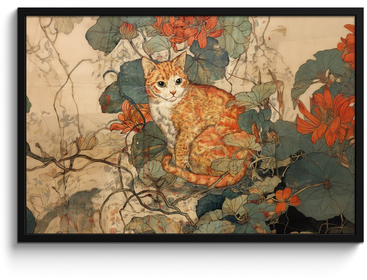 FrameYourWall Poster in lijst - Fotolijst 90x60 cm - Posters - Kat - Sierlijk - Bloemen - Posterlijst zwart - Decoratie - Wanddecoratie woonkamer - Muurdecoratie slaapkamer Kat - Bloemen