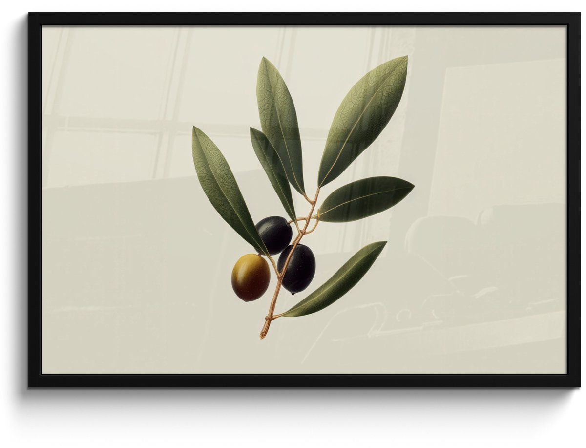 FrameYourWall Poster in lijst - Fotolijst 90x60 cm - Posters - Olijftak - Donkergroen - Olijven - Posterlijst zwart - Decoratie - Wanddecoratie woonkamer - Muurdecoratie slaapkamer