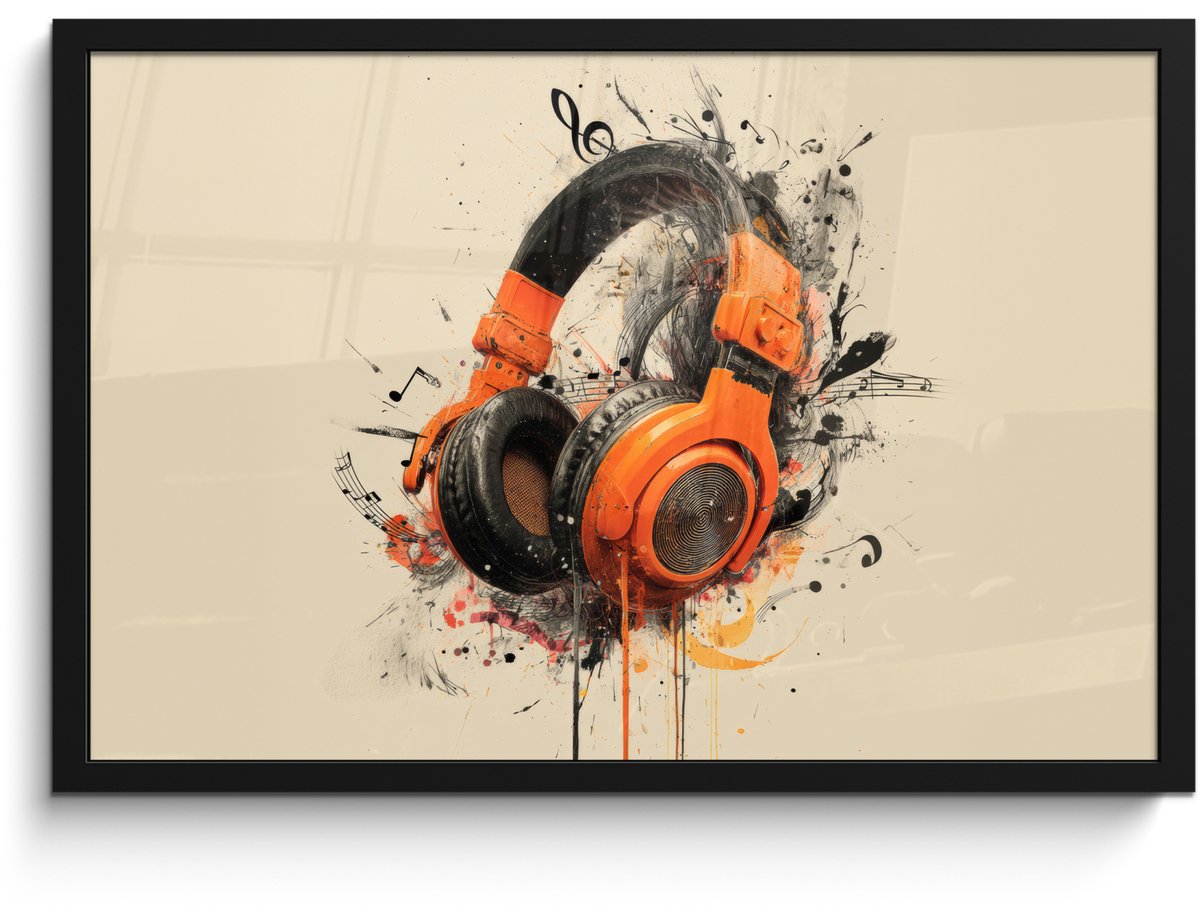 FrameYourWall Poster in lijst - Fotolijst 60x40 cm - Posters - Koptelefoon - Oranje - Explosief - Posterlijst zwart - Decoratie - Wanddecoratie woonkamer - Muurdecoratie slaapkamer Koptelefoon - Muzieknoten
