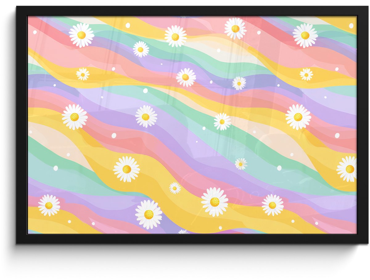 FrameYourWall Poster in lijst - Fotolijst 60x40 cm - Posters - Madeliefjes - Kleurrijk - Pastel - Vrolijk - Posterlijst zwart - Decoratie - Wanddecoratie woonkamer - Muurdecoratie slaapkamer