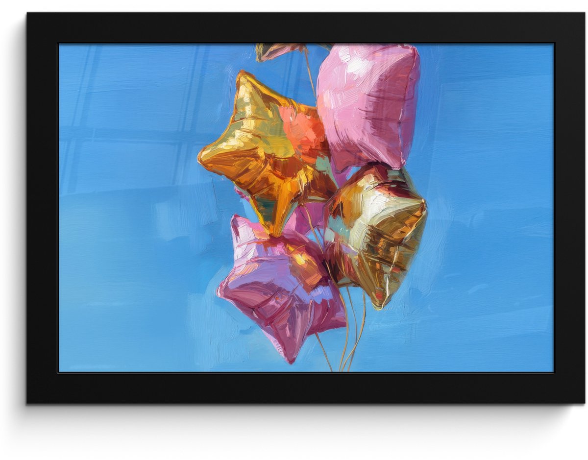 FrameYourWall Poster in lijst - Fotolijst 30x20 cm - Posters - Ballonnen - Goud - Stervorm - Roze - Posterlijst zwart - Decoratie - Wanddecoratie woonkamer - Muurdecoratie slaapkamer