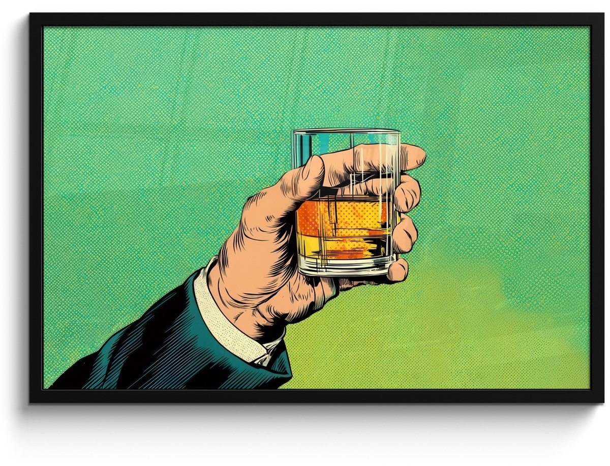 FrameYourWall Poster in lijst - Fotolijst 90x60 cm - Posters - Whisky - Glas - Hand - Groen - Posterlijst zwart - Decoratie - Wanddecoratie woonkamer - Muurdecoratie slaapkamer - Kerstversiering - Kerstdecoratie voor binnen - Kerstmis