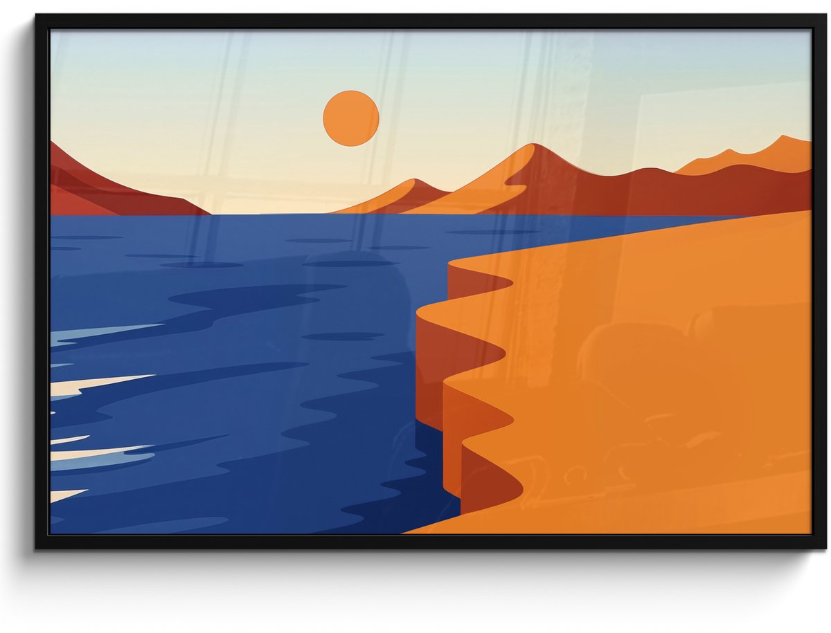 FrameYourWall Poster in lijst - Fotolijst 120x80 cm - Posters - Landschap - Bergen - Zon - Zee - Posterlijst zwart - Decoratie - Wanddecoratie woonkamer - Muurdecoratie slaapkamer Landschap - Zee - Zon