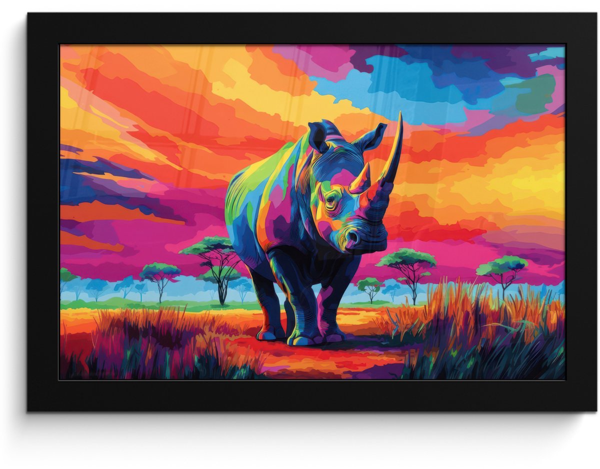 FrameYourWall Poster in lijst - Fotolijst 30x20 cm - Posters - Neushoorn - Zonsondergang - Savanna - Kleurrijk - Posterlijst zwart - Decoratie - Wanddecoratie woonkamer - Muurdecoratie slaapkamer Neushoorn - Kleurrijk