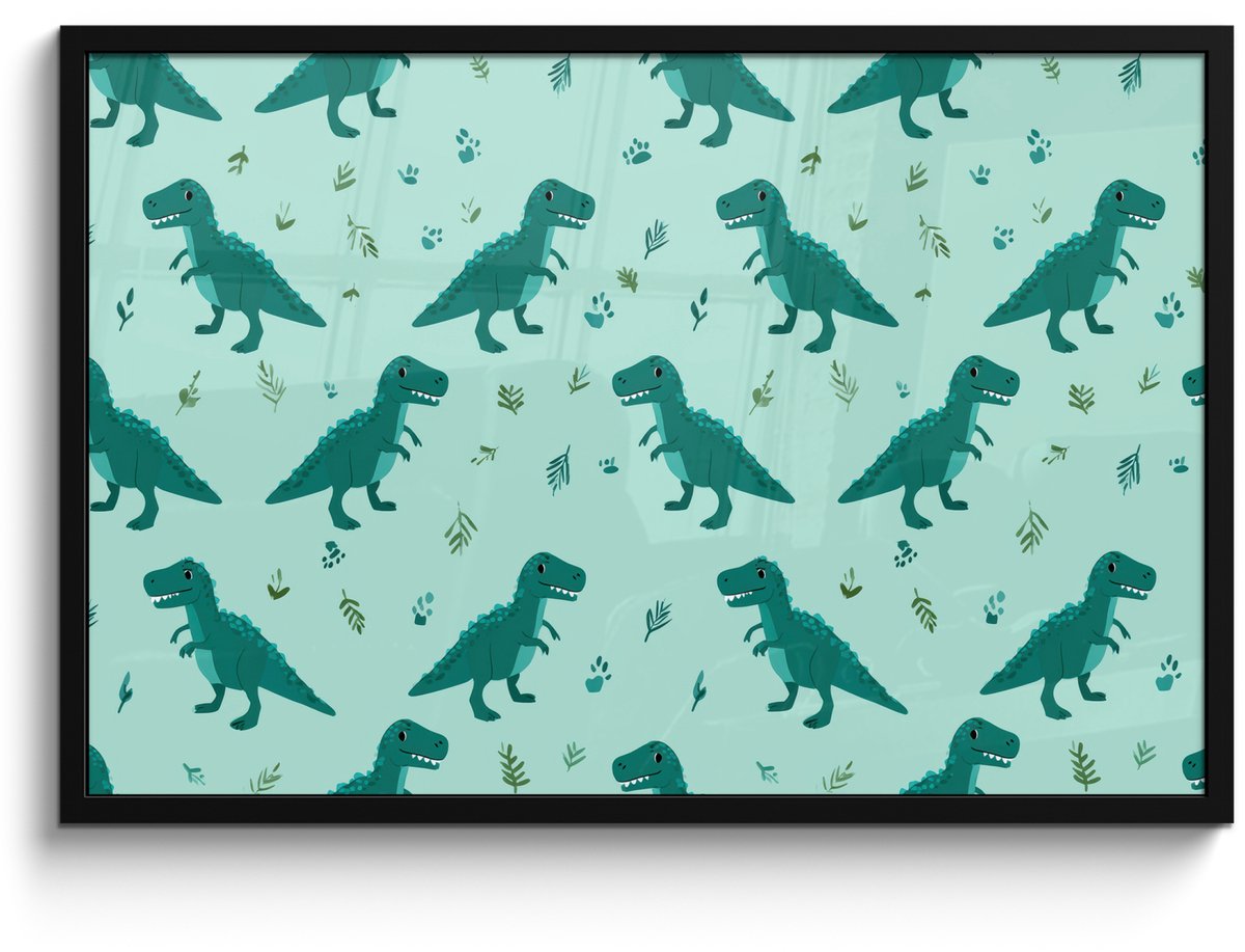 FrameYourWall Poster in lijst - Fotolijst 90x60 cm - Posters - Donkergroen - Dinosaurussen - Afdrukken - Bladeren - Posterlijst zwart - Decoratie - Wanddecoratie woonkamer - Muurdecoratie slaapkamer Dinosaurussen - Bladeren