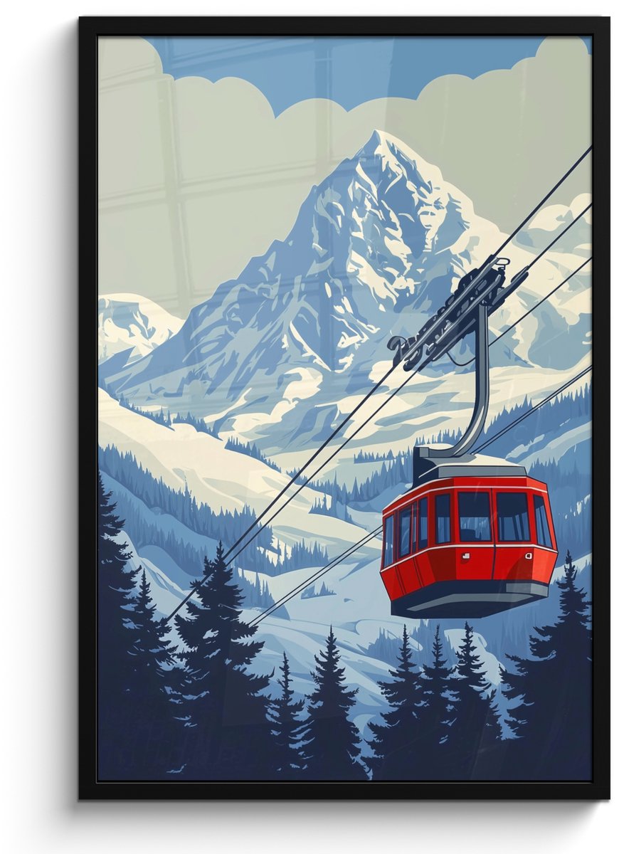 FrameYourWall Poster in lijst - Fotolijst 60x90 cm - Posters - Kabelbaan - Sneeuw - Berglandschap - Posterlijst zwart - Decoratie - Wanddecoratie woonkamer - Muurdecoratie slaapkamer Kabelbaan - Bergen - Sneeuw