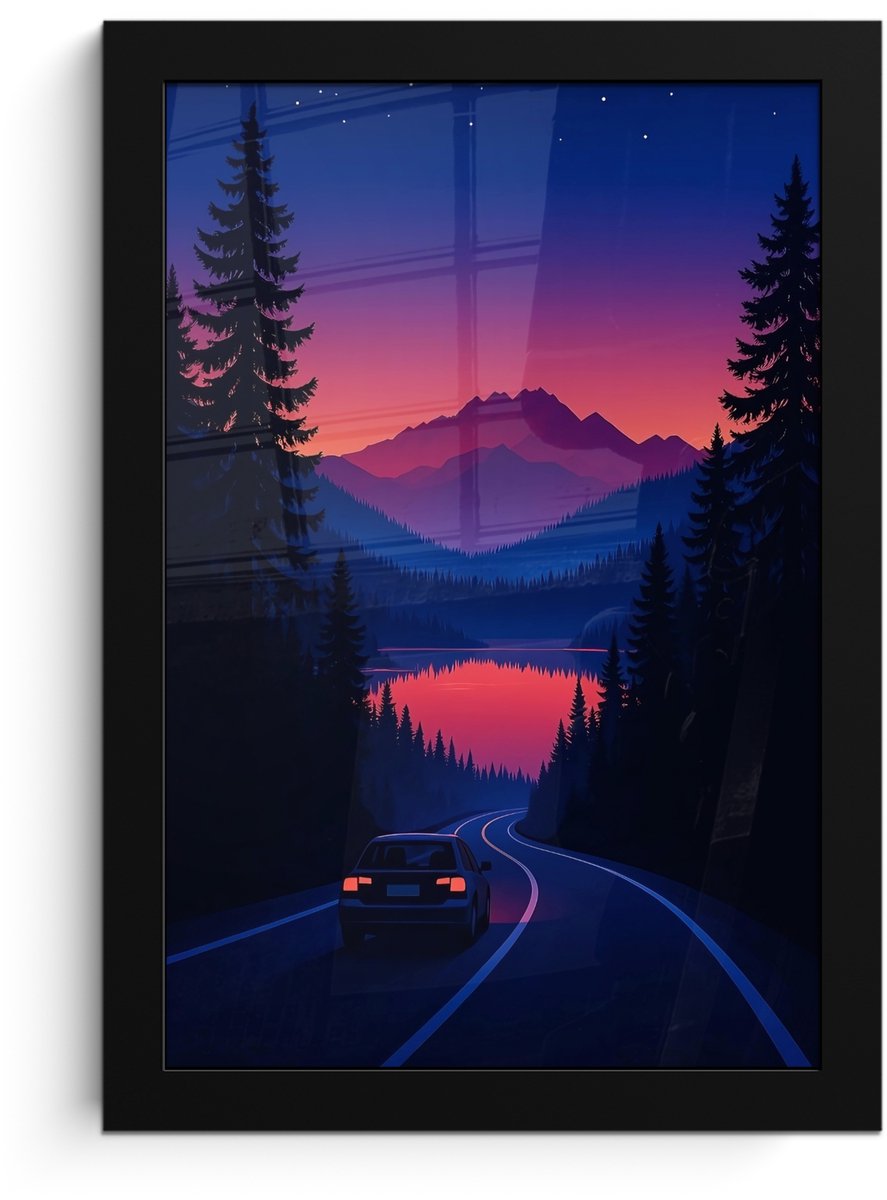 FrameYourWall Poster in lijst - Fotolijst 20x30 cm - Posters - Auto - Donkere dennenbomen - Zonsondergang - Posterlijst zwart - Decoratie - Wanddecoratie woonkamer - Muurdecoratie slaapkamer Auto - Dennenbomen - Zonsondergang