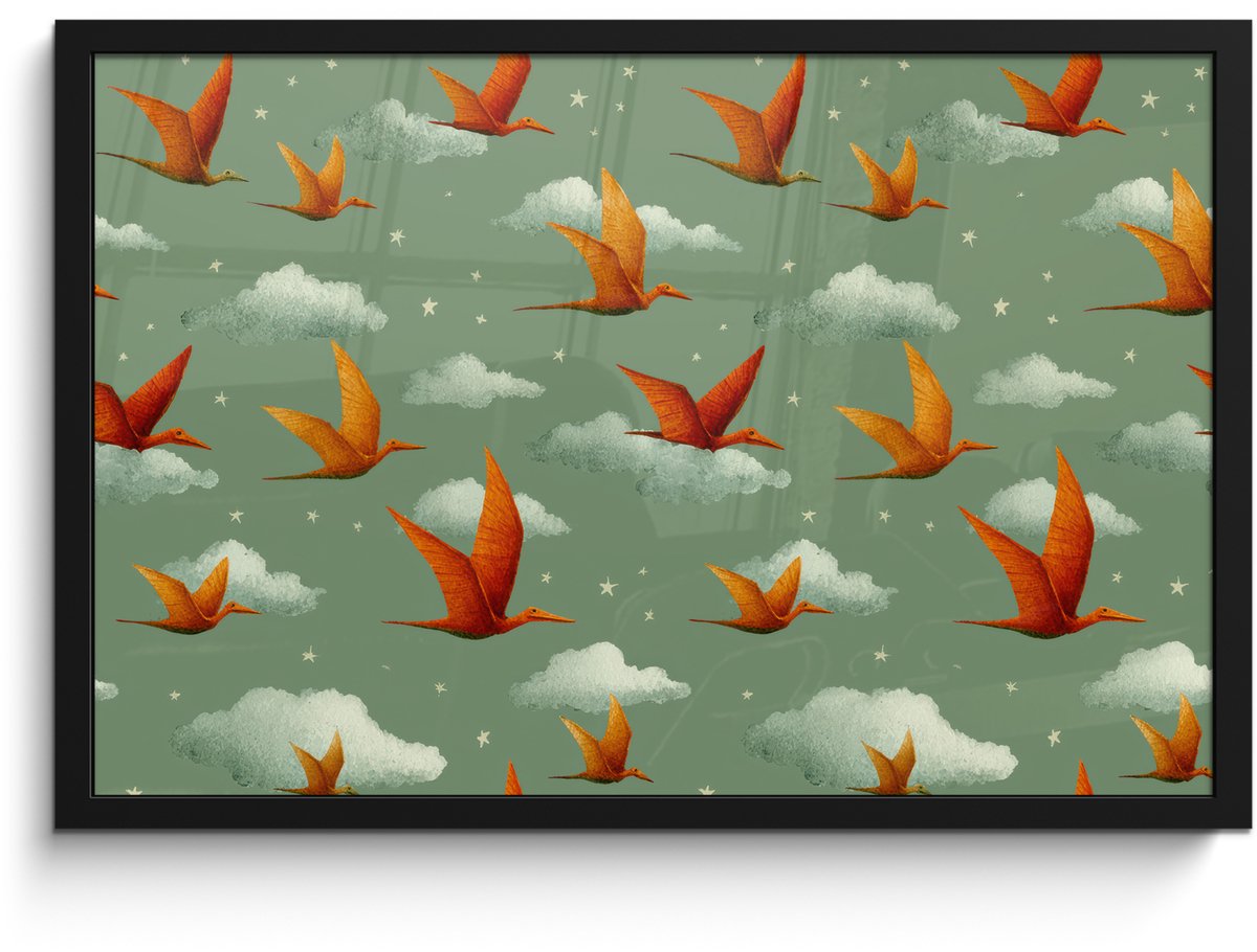 FrameYourWall Poster in lijst - Fotolijst 60x40 cm - Posters - Dinosaurussen - Wolken - Sterren - Oranje - Posterlijst zwart - Decoratie - Wanddecoratie woonkamer - Muurdecoratie slaapkamer