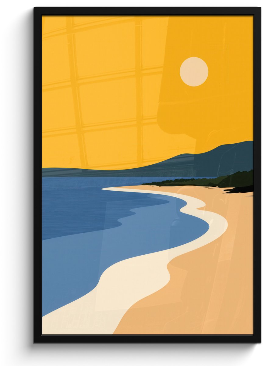 FrameYourWall Poster in lijst - Fotolijst 60x90 cm - Posters - Kustlijn - Oranje lucht - Begroeiing - Posterlijst zwart - Decoratie - Wanddecoratie woonkamer - Muurdecoratie slaapkamer Kustlijn - Zon