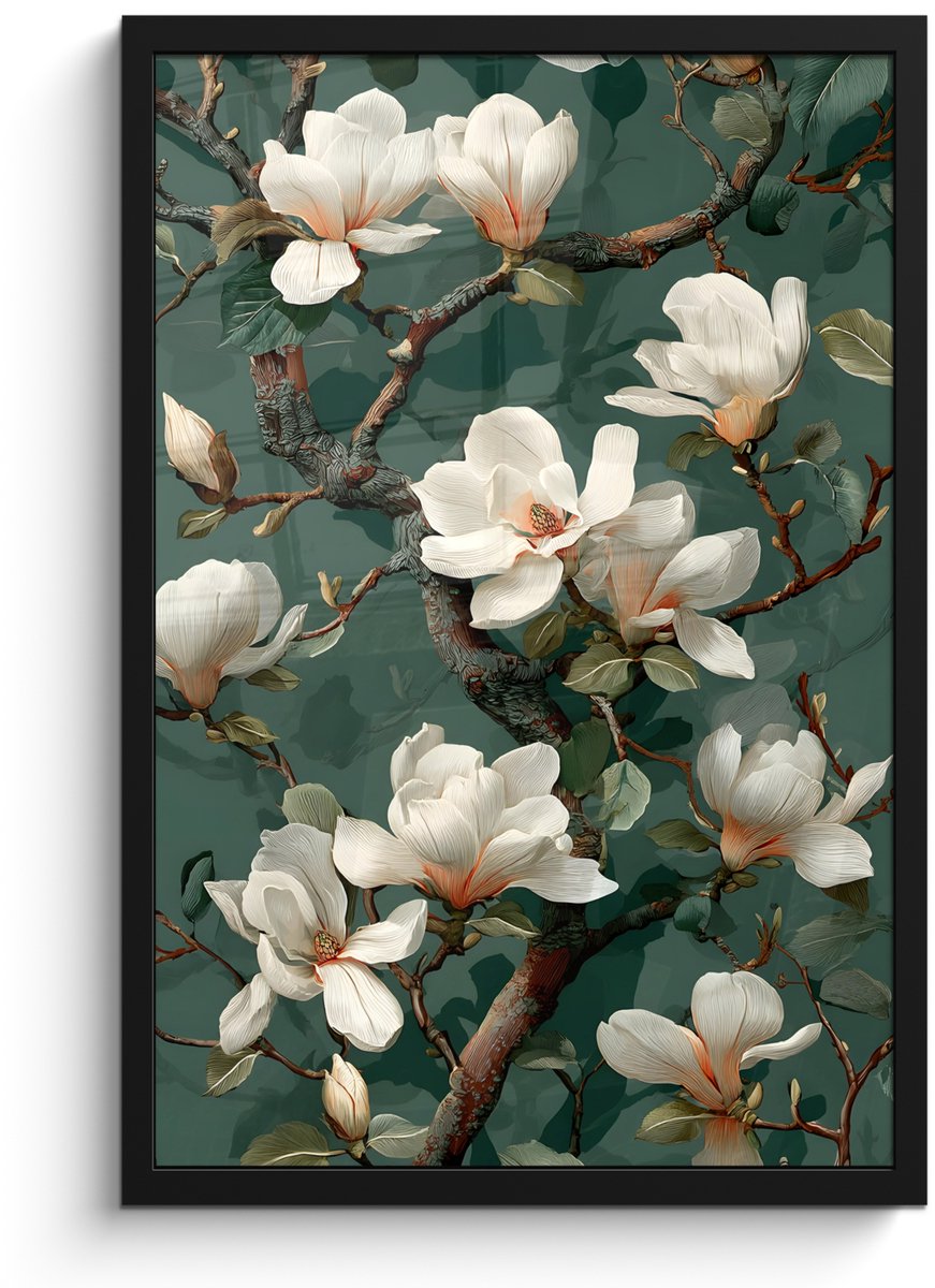 FrameYourWall Poster in lijst - Fotolijst 40x60 cm - Posters - Bloemen - Takken - Wit - Klassiek - Posterlijst zwart - Decoratie - Wanddecoratie woonkamer - Muurdecoratie slaapkamer