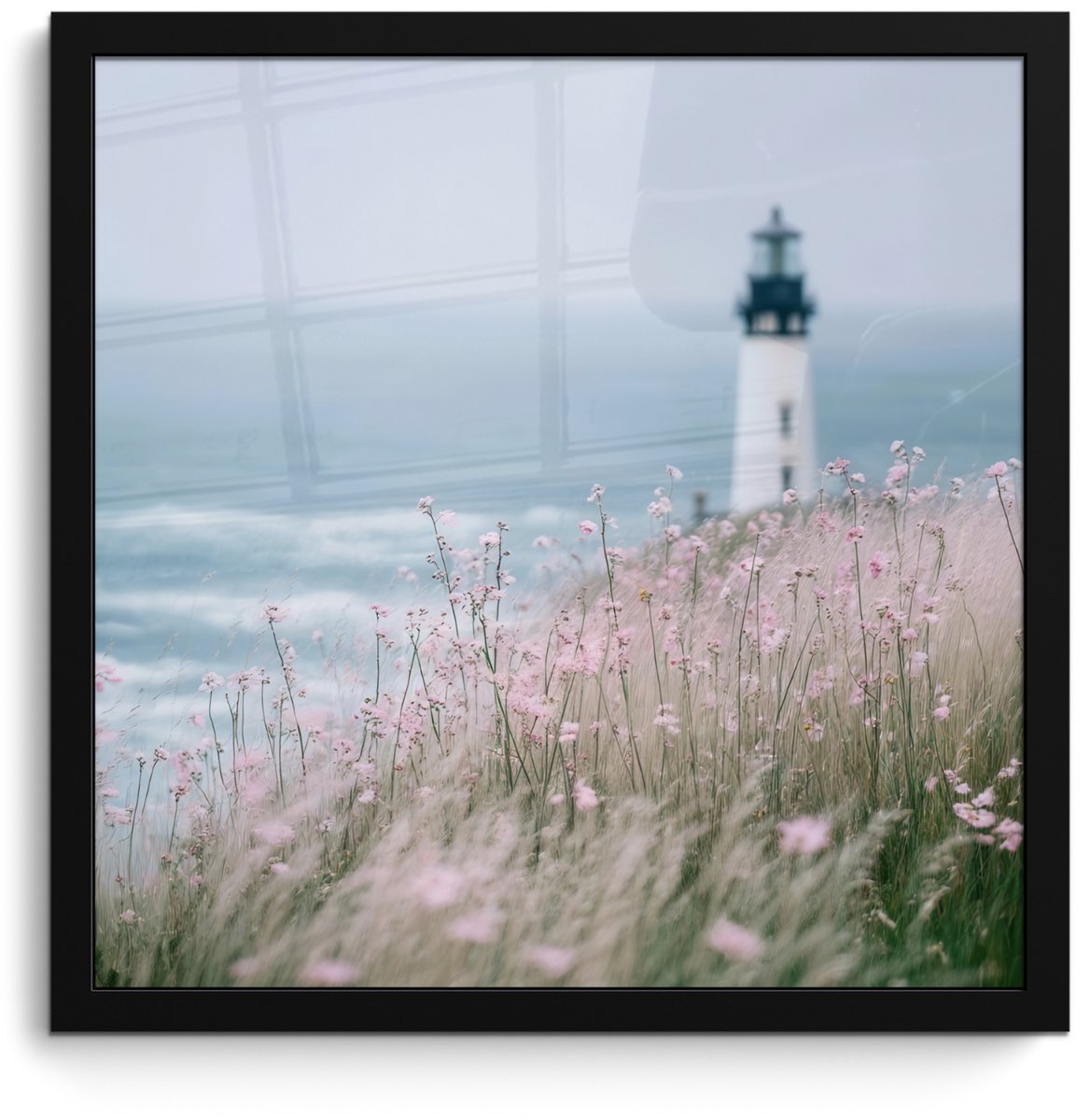 FrameYourWall Poster in lijst - Fotolijst 40x40 cm - Posters - Vuurtoren - Klif - Zee - Bloemen - Posterlijst zwart - Decoratie - Wanddecoratie woonkamer - Muurdecoratie slaapkamer Vuurtoren - Zee - Bloemen