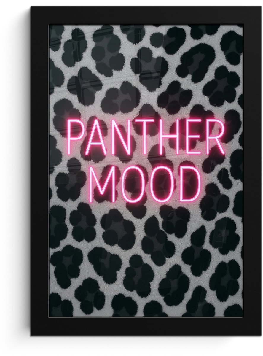 FrameYourWall Poster in lijst - Fotolijst 20x30 cm - Posters - Panterprint - Zwart - Neonletters - Roze - Posterlijst zwart - Decoratie - Wanddecoratie woonkamer - Muurdecoratie slaapkamer Panterprint - Tekst