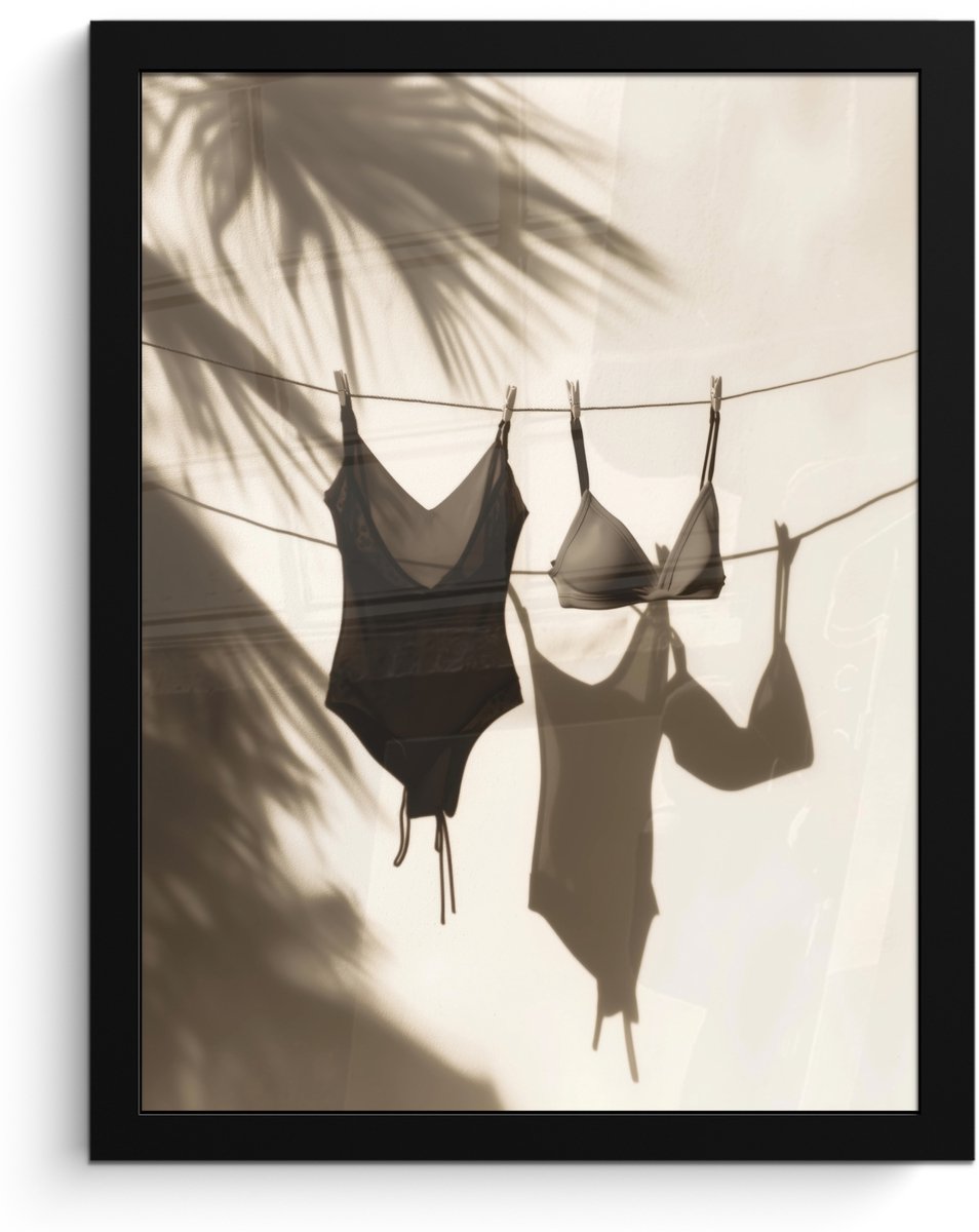 FrameYourWall Poster in lijst - Fotolijst 30x40 cm - Posters - Badkleding - Palmbomen - Schaduw - Tropisch - Posterlijst zwart - Decoratie - Wanddecoratie woonkamer - Muurdecoratie slaapkamer Badkleding - Waslijn - Tropisch