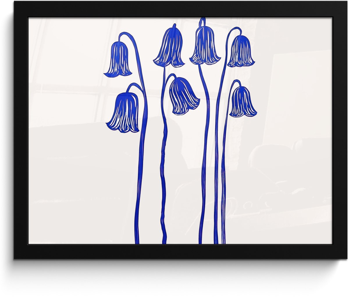 FrameYourWall Poster in lijst - Fotolijst 40x30 cm - Posters - Bloemen - Blauw - Lijnen - Bloemblaadjes - Posterlijst zwart - Decoratie - Wanddecoratie woonkamer - Muurdecoratie slaapkamer Bloemen - Bloemblaadjes