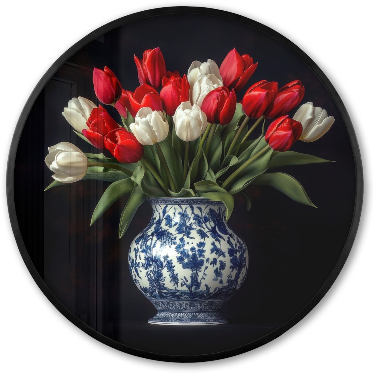 FrameYourWall Poster in lijst Rond - Fotolijst 80x80 cm - Posters - Rode - Bloemen - Tulpen - Vaas - Ronde posterlijst zwart - Decoratie - Wanddecoratie woonkamer - Muurdecoratie slaapkamer Tulpen - Rood - Wit