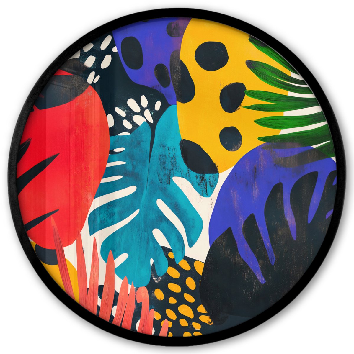 FrameYourWall Poster in lijst Rond - Fotolijst 40x40 cm - Posters - Bladeren - Vormen - Abstract - Kleurrijk - Ronde posterlijst zwart - Decoratie - Wanddecoratie woonkamer - Muurdecoratie slaapkamer Kleurrijk - Bloemen - Abstract
