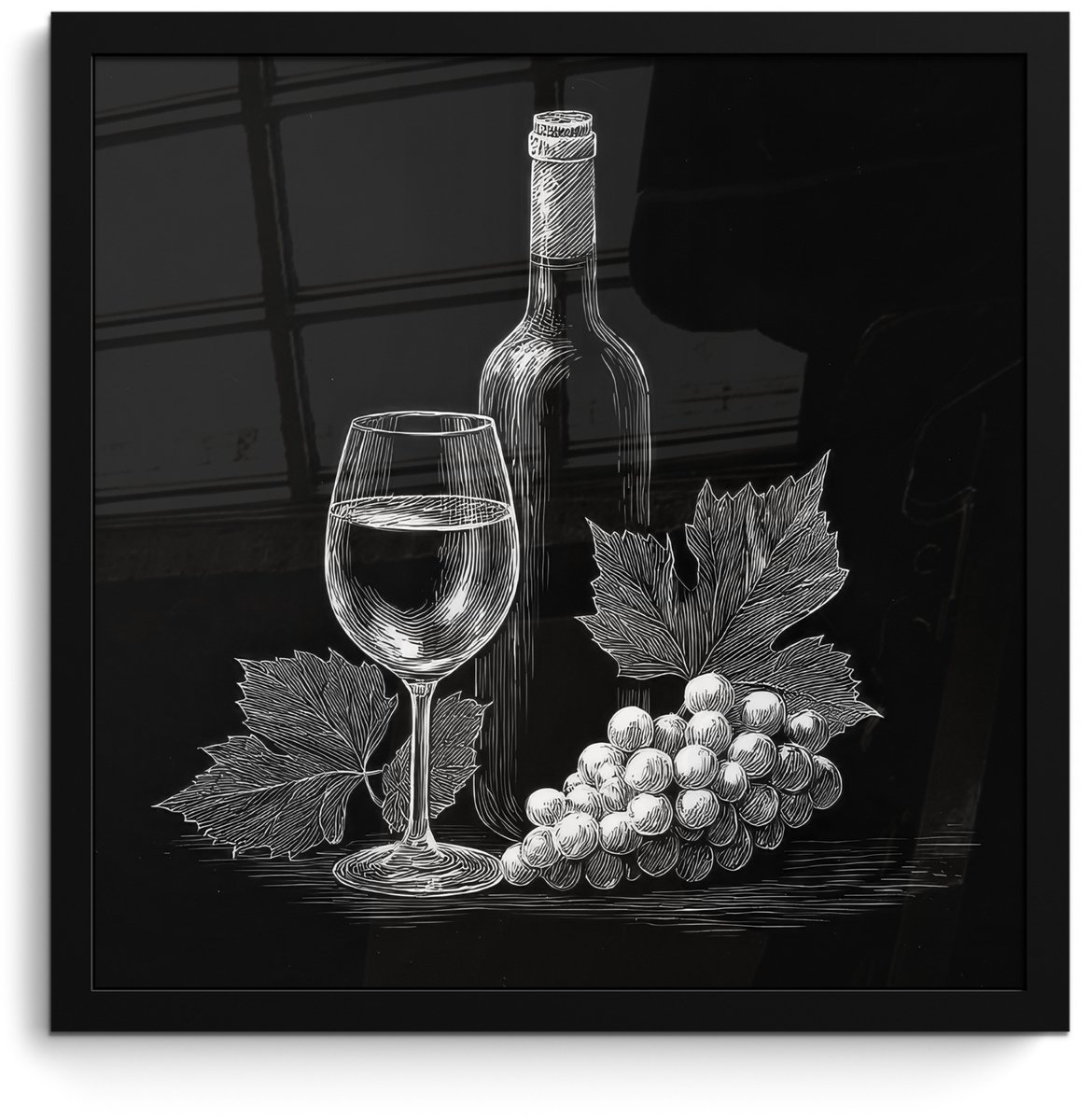 FrameYourWall Poster in lijst - Fotolijst 40x40 cm - Posters - Wijnfles - Glas - Druiven - Bladeren - Posterlijst zwart - Decoratie - Wanddecoratie woonkamer - Muurdecoratie slaapkamer Wijnfles - Druiven
