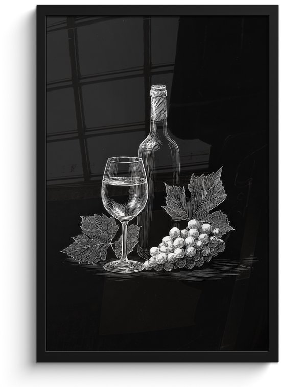 Poster in lijst - Fotolijst 40x60 cm - Posters - Wijnfles - Glas - Druiven - Bladeren - Posterlijst zwart - Decoratie - Wanddecoratie woonkamer - Muurdecoratie slaapkamer