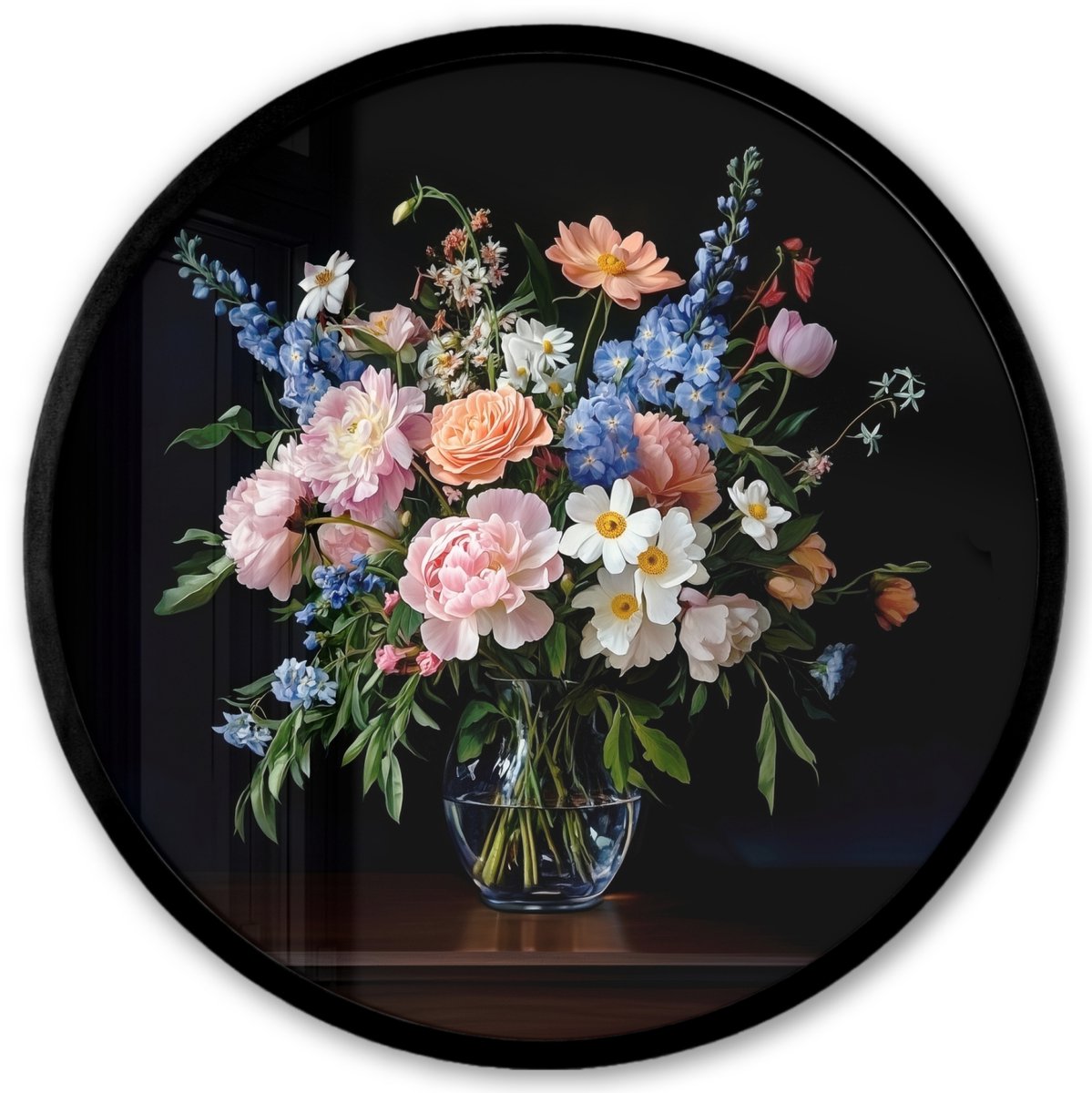 FrameYourWall Poster in lijst Rond - Fotolijst 40x40 cm - Posters - Pastel - Bloemen - Glazen - Vaas - Ronde posterlijst zwart - Decoratie - Wanddecoratie woonkamer - Muurdecoratie slaapkamer Bloemen - Pastel