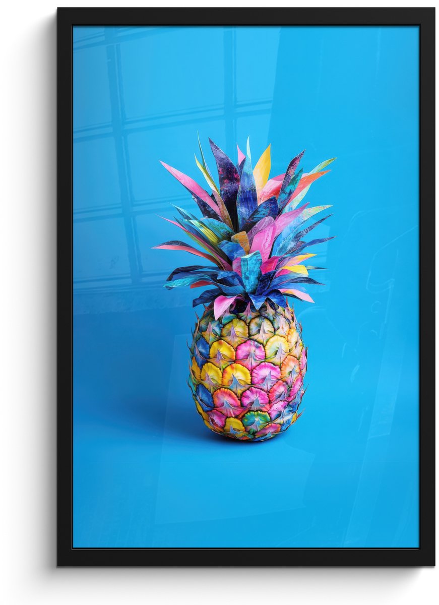 FrameYourWall Poster in lijst - Fotolijst 40x60 cm - Posters - Ananas - Blauw - Tropisch - Vrolijk - Posterlijst zwart - Decoratie - Wanddecoratie woonkamer - Muurdecoratie slaapkamer Ananas - Tropisch