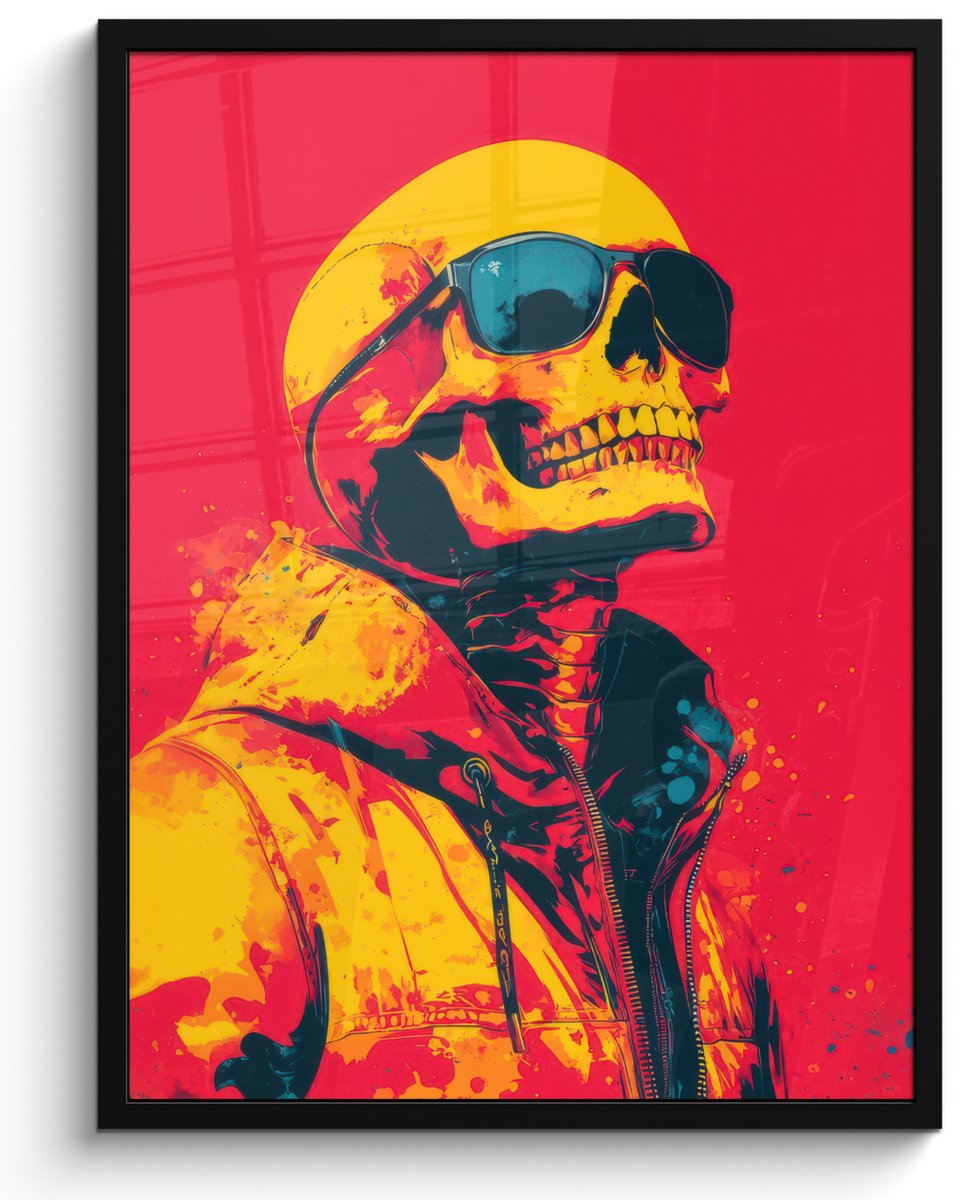 FrameYourWall Poster in lijst - Fotolijst 60x80 cm - Posters - Zonnebril - Schedel - Jas - Rood - Posterlijst zwart - Decoratie - Wanddecoratie woonkamer - Muurdecoratie slaapkamer Schedel - Zonnebril