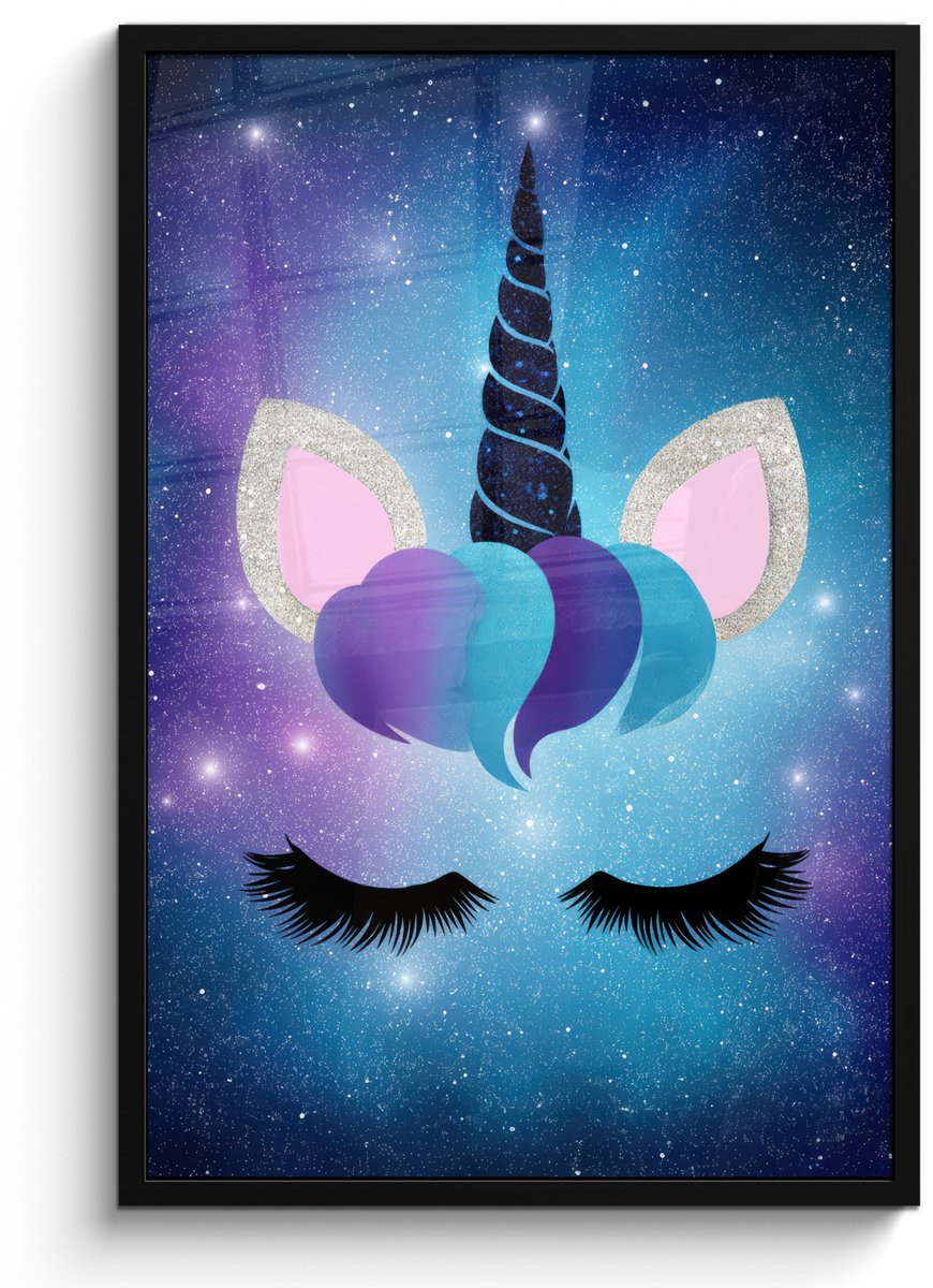 FrameYourWall Poster in lijst - Fotolijst 60x90 cm - Posters - Eenhoorn - Sterren - Magisch - Blauw - Posterlijst zwart - Decoratie - Wanddecoratie woonkamer - Muurdecoratie slaapkamer Eenhoorn - Sterrenstelsel