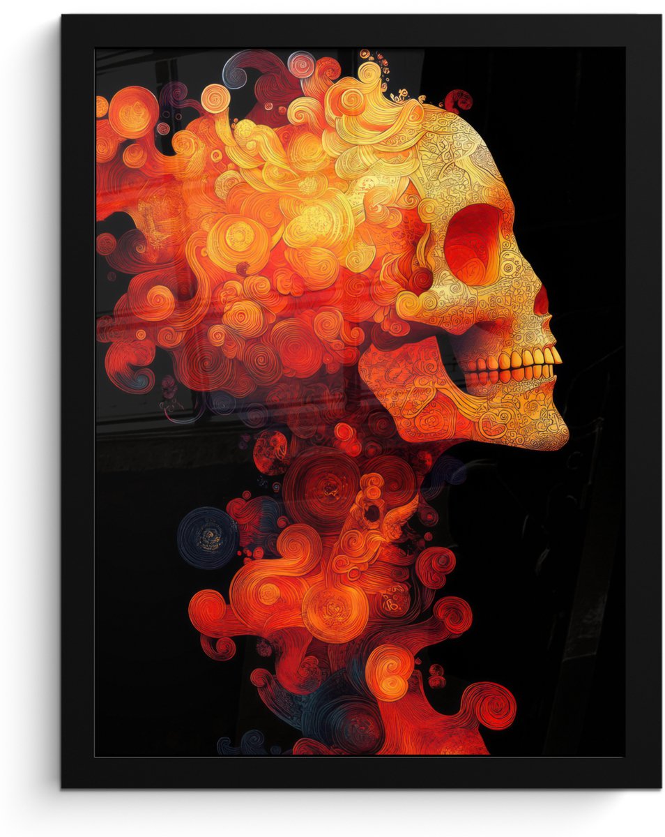 FrameYourWall Poster in lijst - Fotolijst 30x40 cm - Posters - Schedel - Oranje - Zijaanzicht - Vlammen - Posterlijst zwart - Decoratie - Wanddecoratie woonkamer - Muurdecoratie slaapkamer Schedel - Vlammen