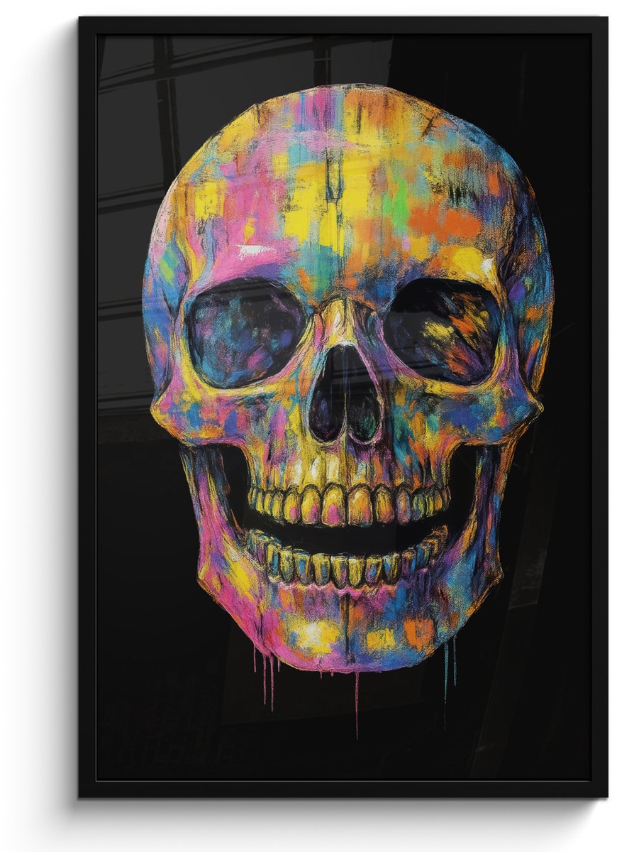FrameYourWall Poster in lijst - Fotolijst 60x90 cm - Posters - Penseelstreken - Schedel - Kleurrijk - Abstract - Posterlijst zwart - Decoratie - Wanddecoratie woonkamer - Muurdecoratie slaapkamer Schedel - Penseelstreken
